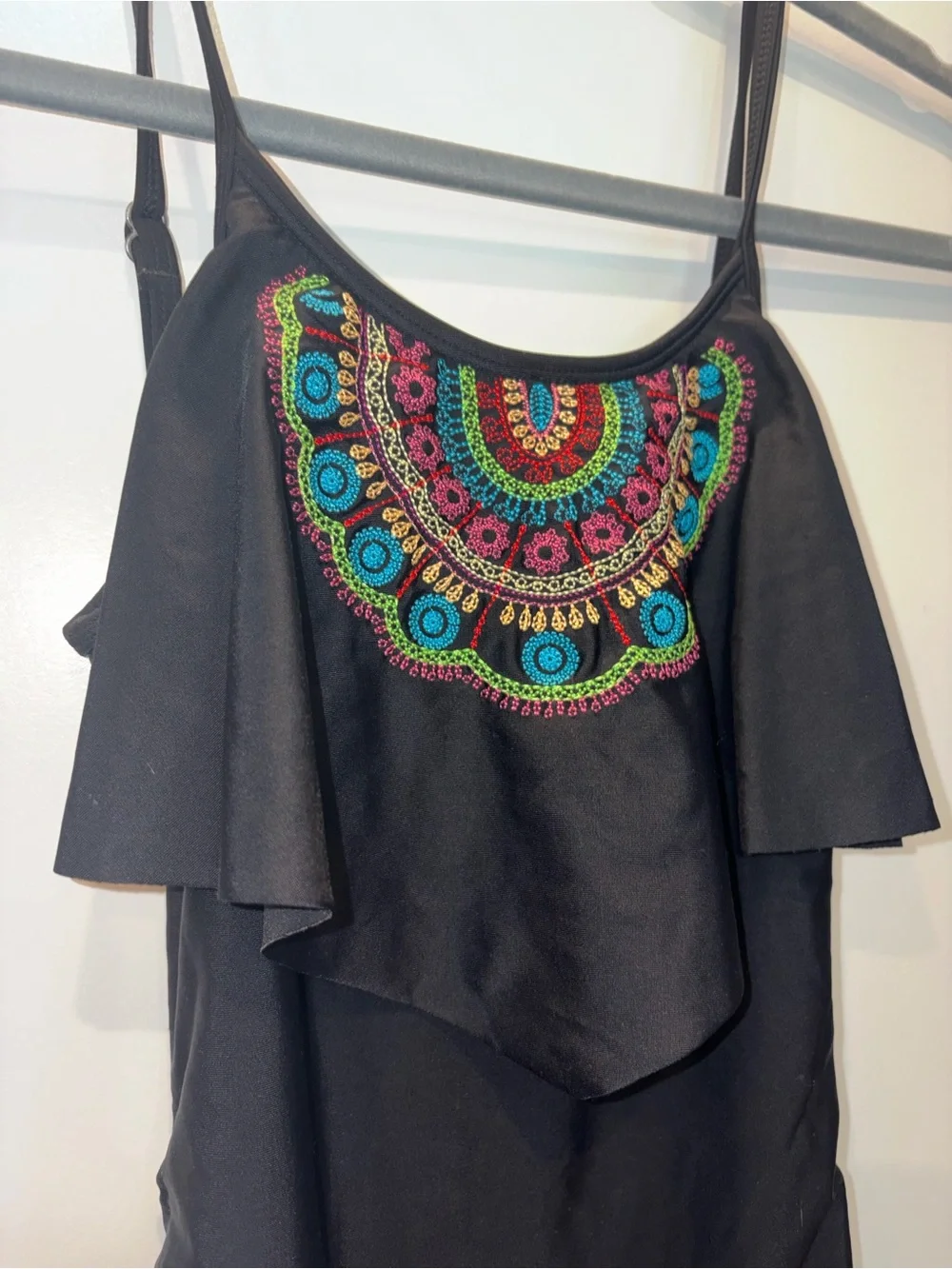 Black One-Piece Swimsuit with Colorful Embroidered Yoke